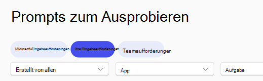 Die Copilot-Promptkatalog Navigationsüberschrift, auf der die Registerkarte Ihre Eingabeaufforderungen ausgewählt ist.