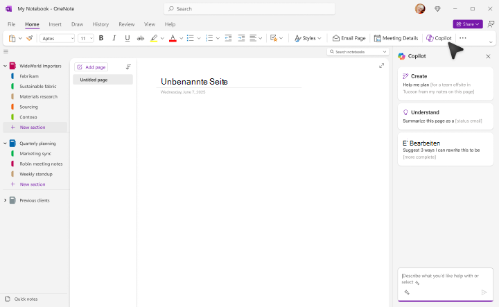 Der OneNote-Startbildschirm von Copilot.
