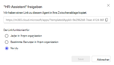 Screenshot der Optionen zum Freigeben eines Agent