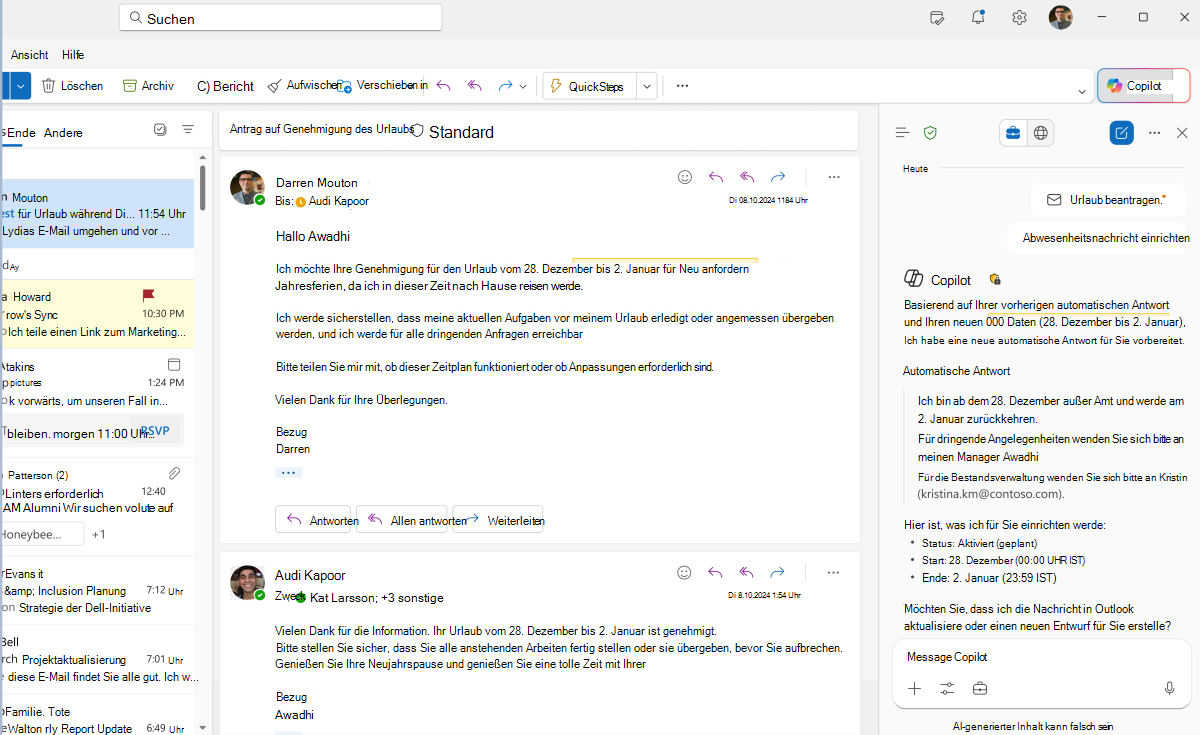 Screenshot der Copilots-Antwort zum Erstellen einer automatischen Antwort in Copilot in Outlook