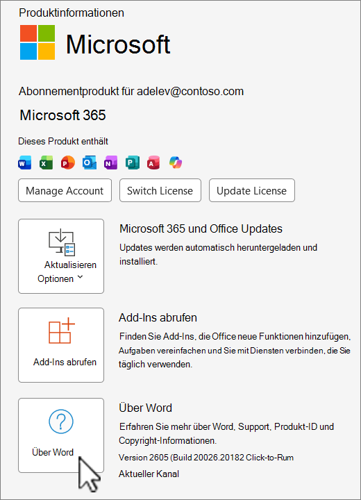Screenshot: Versionsansicht von Office 365