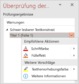 Dropdownmenü für ein Problem bei der Barrierefreiheitsprüfung, mit den Listen 