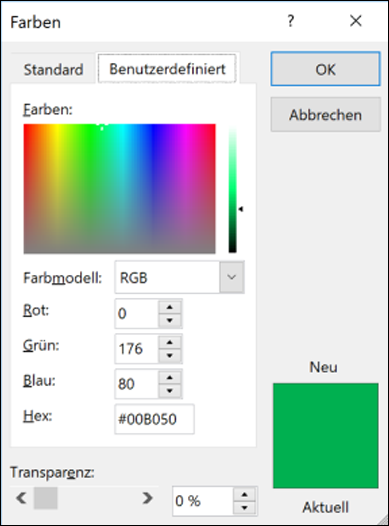 Farbauswahl in Office-Apps. Unter den RGB-Feldern befindet sich ein neues Feld zum Eingeben des Hex-Farbwerts.