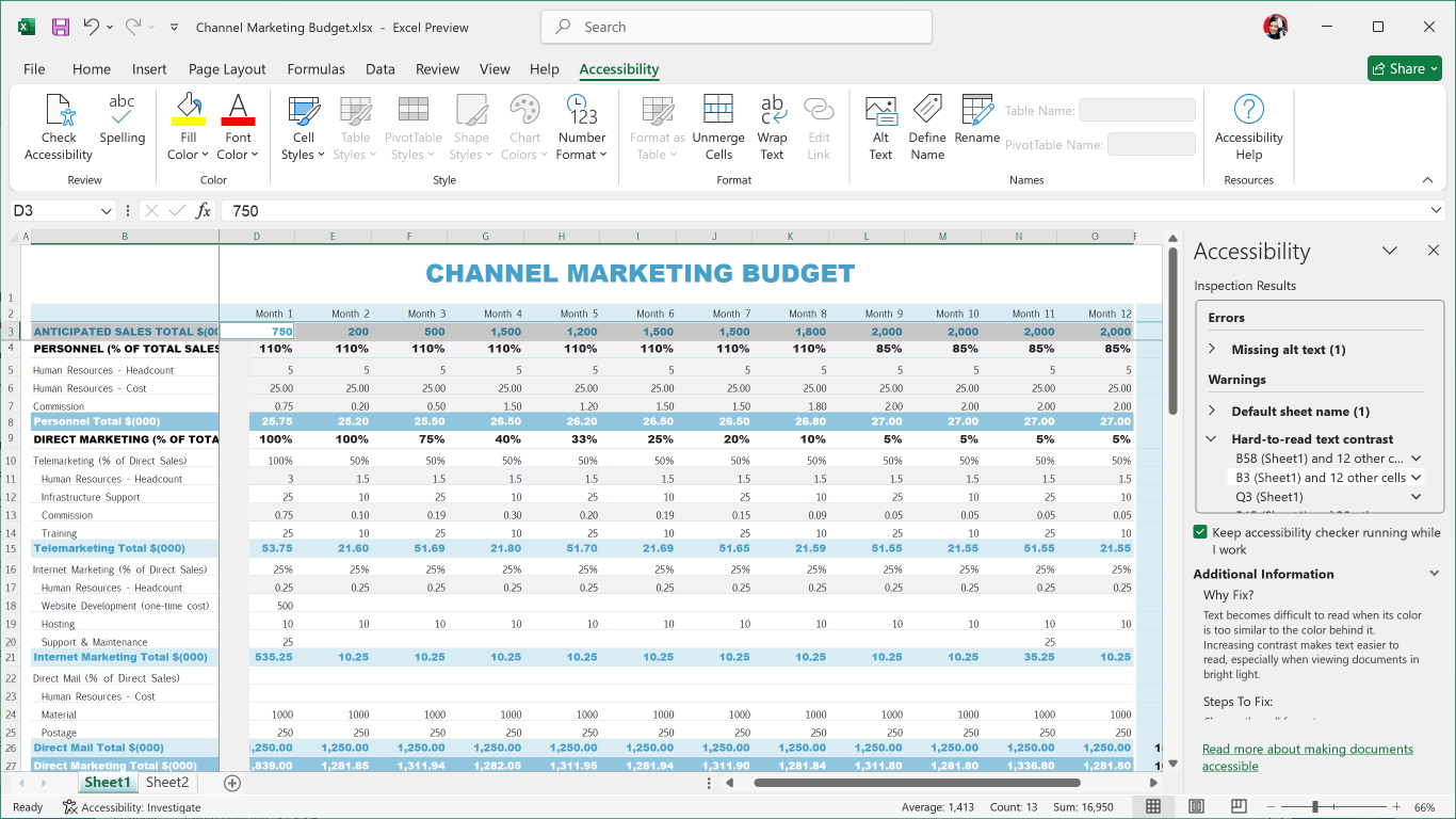Excel-Menüband für Barrierefreiheit
