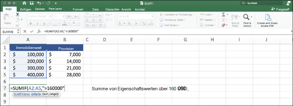 Screenshot von Excel-Daten mithilfe der Funktion SUMIF