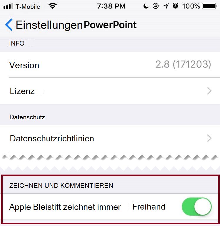 In den Einstellungen einer Anwendung können Sie die automatische Freihandeingabe aus- oder einschalten.