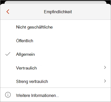 Screenshot des Vertraulichkeitsmenüs mit verfügbaren Vertraulichkeitsbezeichnungen.