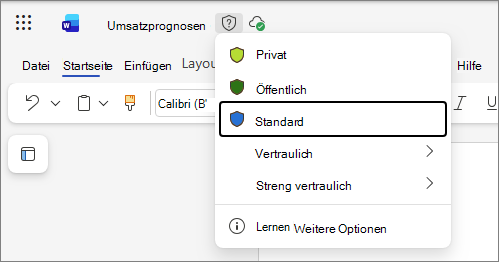 Dropdownliste mit Vertraulichkeitsbezeichnungen in Office für das Web mit einem Word-Dokument als Beispiel und Standardbezeichnungsnamen