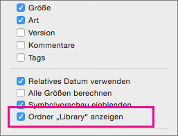 Anzeigen der Einstellung für Bibliotheksdateien in den Optionen der Ansicht 