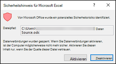 Microsoft Excel-Sicherheitshinweis: Gibt an, dass Excel ein potenzielles Sicherheitsrisiko identifiziert hat. Wählen Sie 
