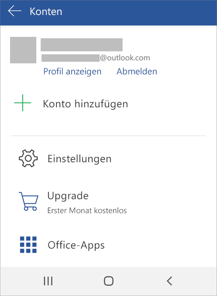 Zeigt die Option zum Abmelden von Office auf einem Android-Gerät an.