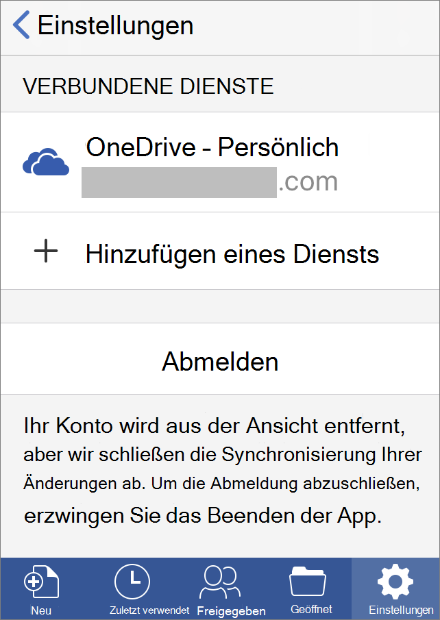 Zeigt die Option zum Abmelden in Office für IOS an.