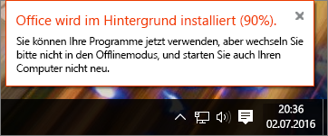 Dialogfeld, in dem dargestellt ist, dass sich die Installation von Office bei 90 % aufgehängt hat