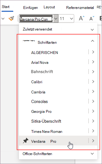 Angeheftete Schriftarten
