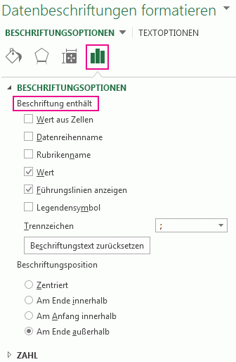 Teil des Bereichs 'Datenbeschriftungen formatieren' mit Beschriftungsoptionen