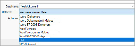 Abbildung der Auswahl von PDF (*.pdf) aus dem Dropdownmenü