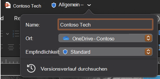 Erweitertes Dropdownmenü in der Titelleiste mit Dateinamen, Speicherort und Vertraulichkeit.