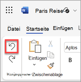 Die Schaltfläche Rückgängig in Microsoft Word für das Web.