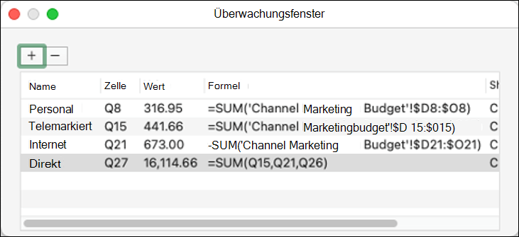 Anzeigefenster für Name, Zelle, Wert und Formel in Mac Excel 2021