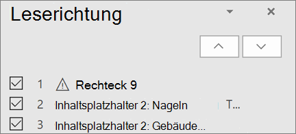 Liste der Elemente in der Lesereihenfolge auf einer Folie mit Aufwärts- und Abwärtspfeiltasten, um diese neu anzuordnen