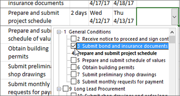 Projektplan mit einem Dropdown von Aufgaben