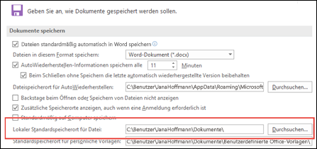 Speicheroptionen in Word mit der Einstellung für den Standardarbeitsordner