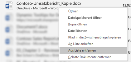 Das Kontextmenü, das angezeigt wird, wenn Sie in der Liste der zuletzt verwendeten Dateien mit der rechten Maustaste auf eine Datei klicken