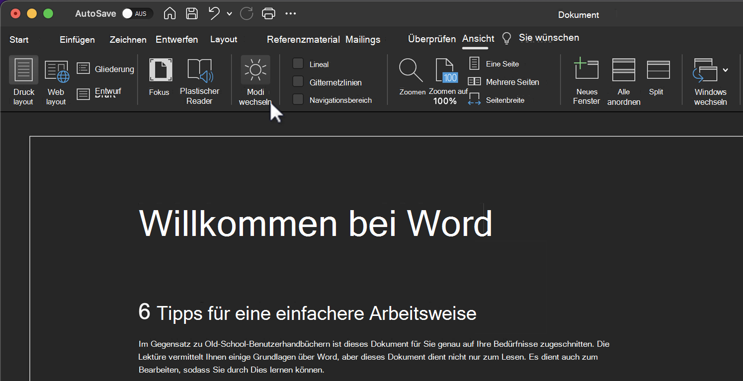 Wechseln der Modi für das Feature „Dunkler Modus“.