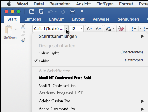 Klicken Sie auf die Schriftart-Dropdownliste in Word, um die Schriftart Ihres Texts zu ändern.