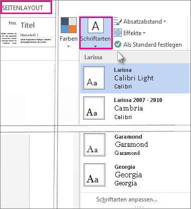 Schriftartenkatalog auf der Registerkarte 'Entwurf'