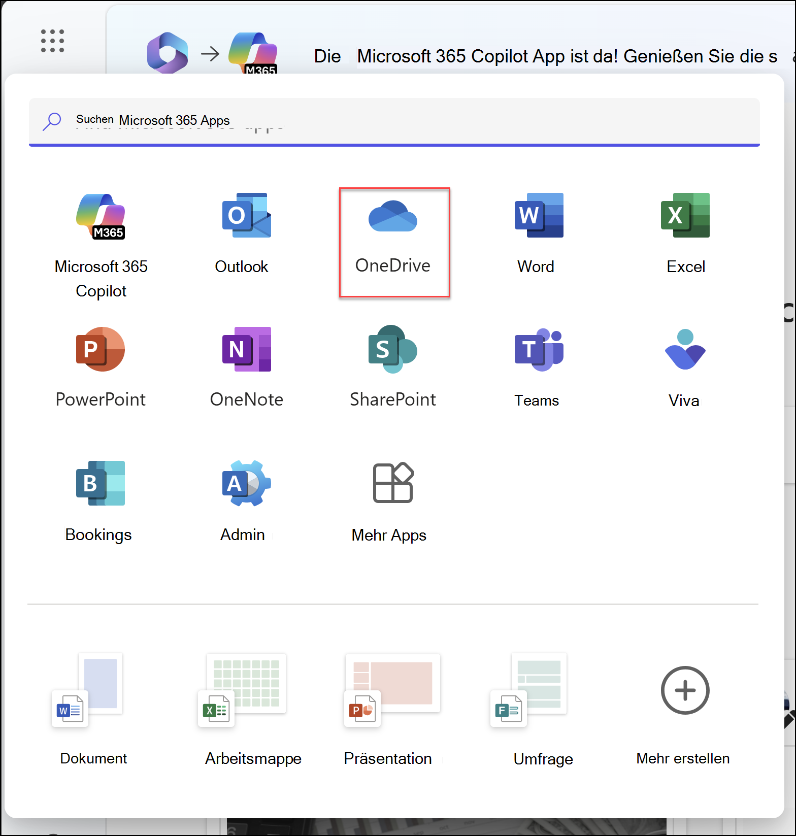 Ein Browserfenster mit geöffnetem App-Startfeld und hervorgehobener OneDrive-App