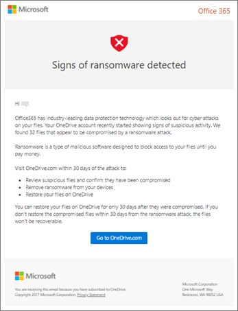 Screenshot der E-Mail zur Erkennung von Ransomware von Microsoft