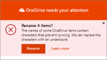 Screenshot der Umbenennungsbenachrichtigung in der OneDrive-Desktopsynchronisierungs-App