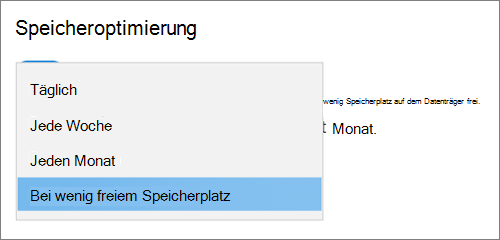Dropdownmenü für den Speicher in Windows 10 Auswählen der Häufigkeit für die Ausführung der Speicheroptimierung