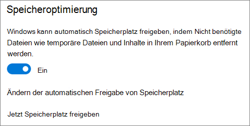 Windows 10-Speicher-Umschalter zum Aktivieren der Speicheroptimierung