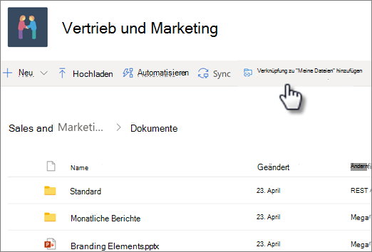 Screenshot: Hinzufügen einer Verknüpfung zu OneDrive aus einer freigegebenen Bibliothek