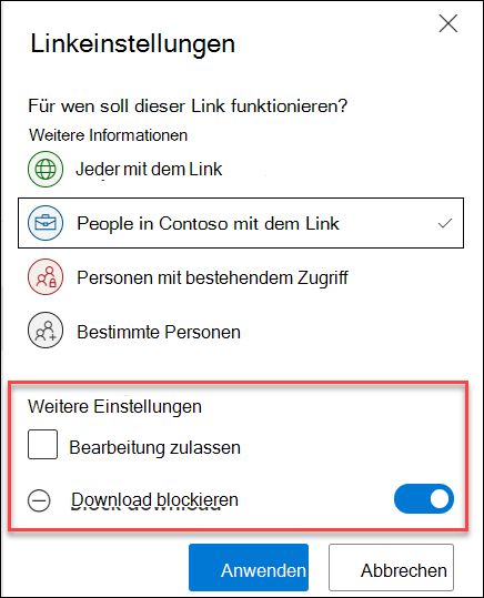 Freigabeoptionen in OneDrive, wobei die Option Download blockieren hervorgehoben wird.