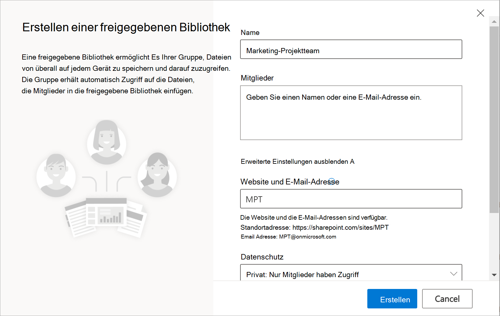 Zeigt die Seite Freigegebene Bibliothek erstellen mit Optionen zum Scrollen auf der rechten Seite.