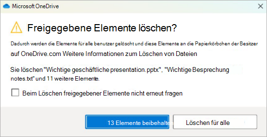 Screenshot der OneDrive-Bestätigungsaufforderung zum Löschen freigegebener Dateien