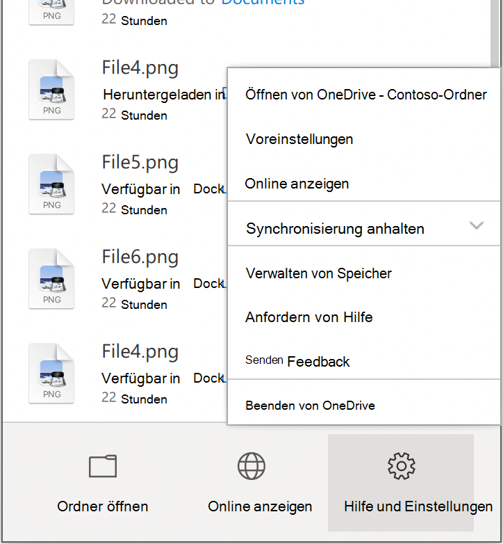 Zeigt das Menü OneDrive-Hilfe & Einstellungen mit einstellungen im oberen Bereich an.