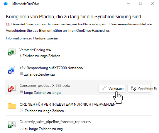 Screenshot: Liste der OneDrive-Dateipfade
