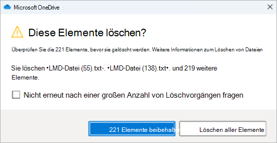 Screenshot der OneDrive-Bestätigungsaufforderung zum Löschen vieler Dateien