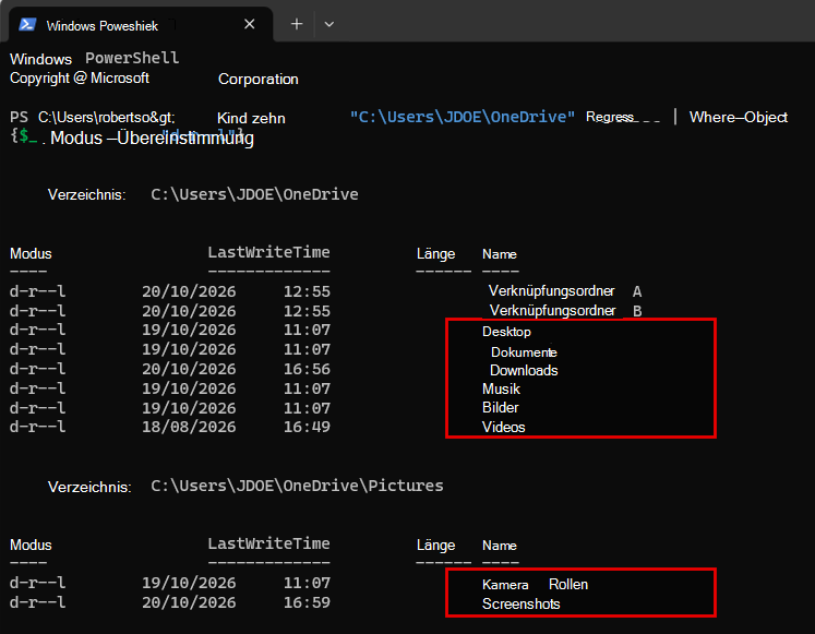 In den Ergebnissen von Windows PowerShell werden Verknüpfungsordner A und Verknüpfungsordner B neben PC-Ordnern angezeigt, wobei Desktop durch Videos, Eigene Aufnahmen und Screenshots rot umrandet sind.