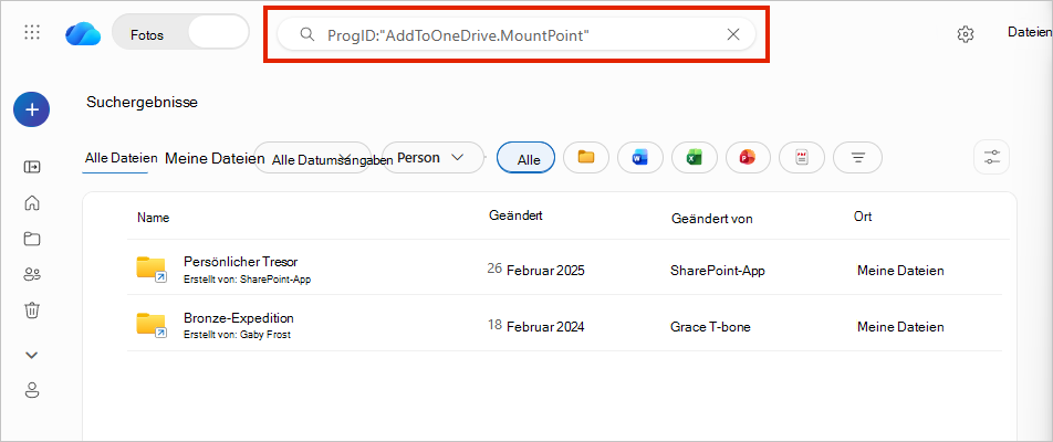 OneDrive-Suche nach ProgID: AddToOneDrive.MountPoint, die zwei Ergebnisse von Ordnerverknüpfungen und eine Spalte 