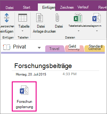 Screenshot: Anfügen einer Visio-Datei an eine Seite in OneNote 2016