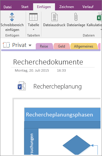 Screenshot: Hinzufügen eines vorhandenen Visio-Diagramms in OneNote 2016
