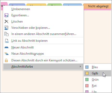 Screenshot of how to change a section color in OneNote 2016.