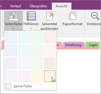 Screenshot of the Page Color button in OneNote 2016.