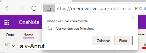 Screenshot: OneNote-Diktierberechtigungen