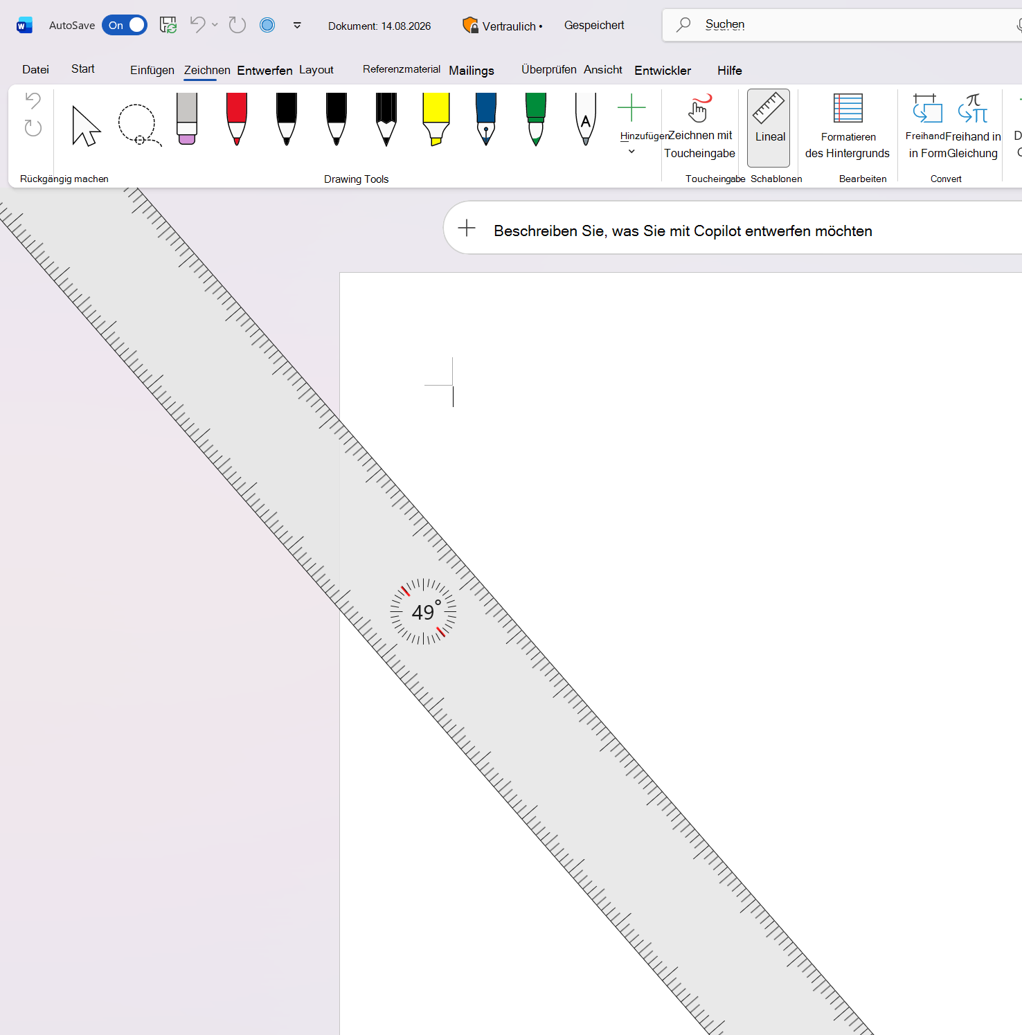 Screenshot des Registerkartenlineals in Word, das in einem Winkel von 49 Grad gedreht ist.
